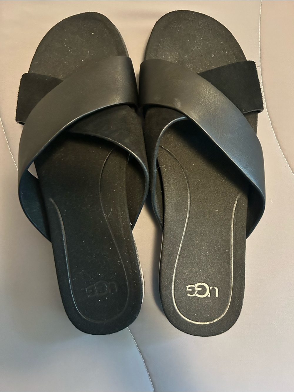 UGG Black Crisscross Leather Slide Sandals
